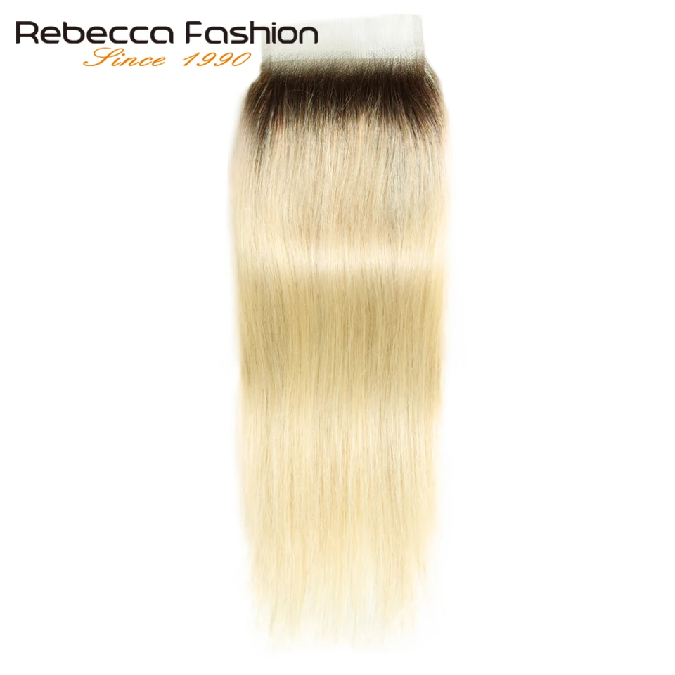 Rebecca прямые T4/613 мед блонд тень-закрытие перуанский Реми человеческие синтетические волосы 4x4 кружева закрытие