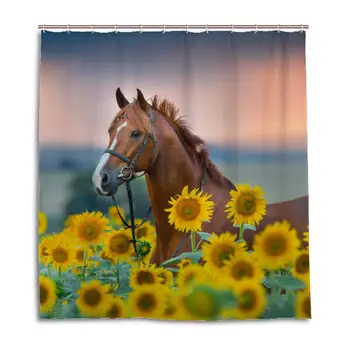 

Red Horse Sunflowers Shower Curtains Waterproof Durable Fabric Bathroom Shower Curtain Set Standard Size with Hooks 60X72inch