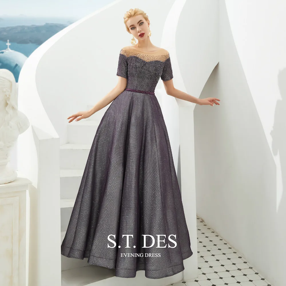 

2020 S.T.DES Elegant Short Sleeves Crystal Beaded Sheer Neck Sequin Tulle Ball Gown Floor-Length Evening Dress For Woman
