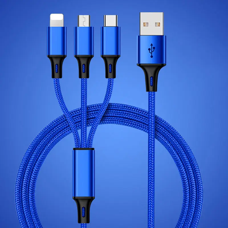 3 в 1 USB кабель для iPhone XS Max XR X 8 7 зарядное устройство Micro USB кабель 2 в 1 кабель для мобильного телефона usb type-c - Color: Blue