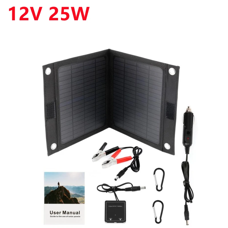 Portable solar charger 12V 25W outdoor portable folding solar cells charger foldable solar panel charger mobile power bank phone battery USB port