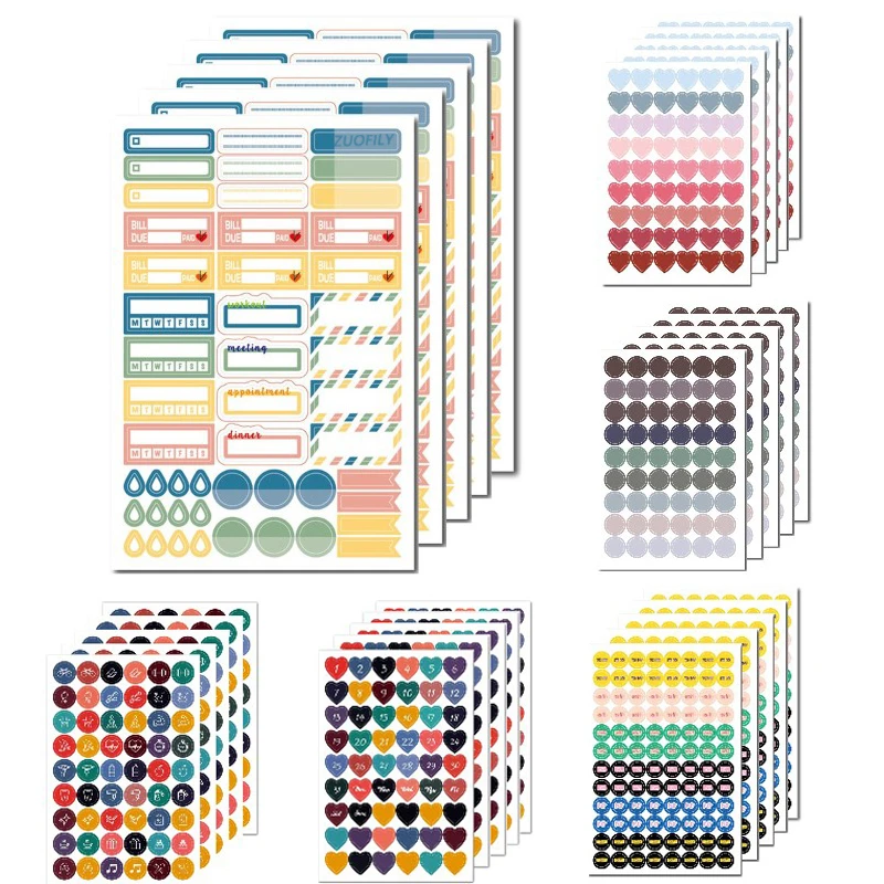 5 Sheets Morandi Dot Heart Shaped Colorful Number Sticker To Do List Planner Sticker Weekly Planning Fitness Tag Diary Stickers