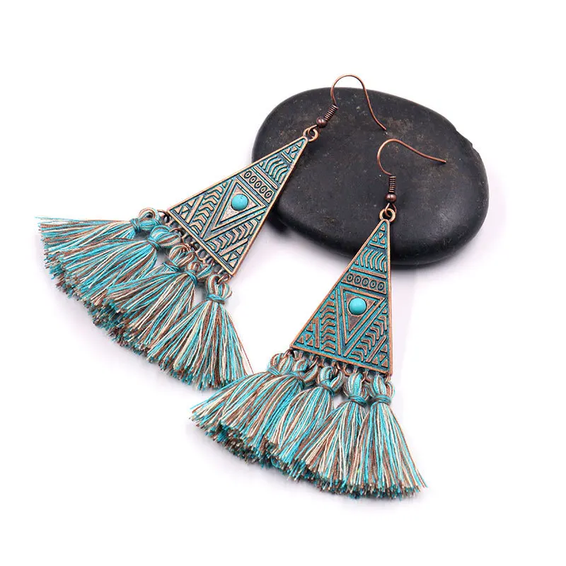 

European and American fashion bohemian vintage geometric triangle wool tassel earrings