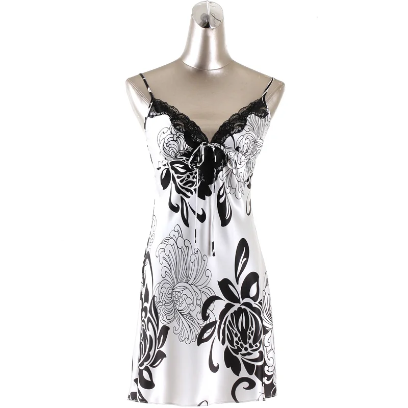 Womens Satin Vest Nightdress Lace Double V-neck Slip - Silver Daisy Print Silky Nightgown - Womens Satin Sleepwear