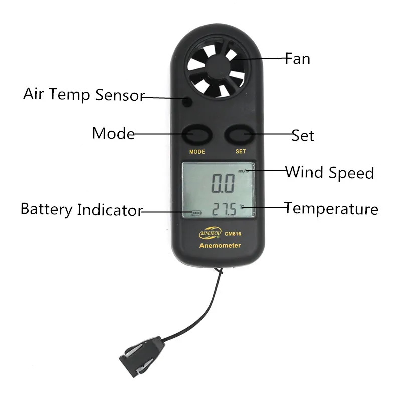 GM816 Анемометр измеритель скорости ветра цифровой термометр Анемометр измеритель скорости ветра Измеритель температуры 30 м/с инструмент тестирования температуры 40% скидка