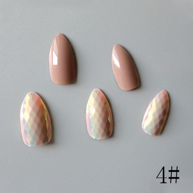 3D Shining Laser Diamond Scales Fake Nails Full Cover Long Almond Detachable False Nails Manicure Decoration Tools