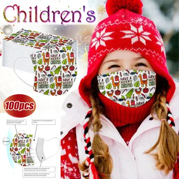 

100 PCS Children's Face Mask Disposable Facemask Christmas Printed Dust Proof Cute Cartoon 3Ply Ear Loop Mouth Cover Maschere