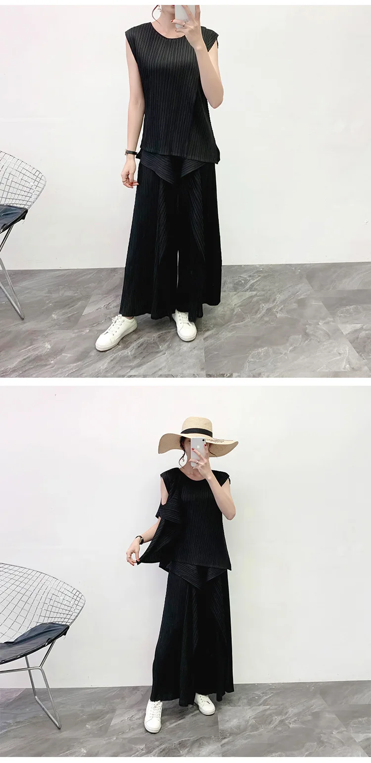 MIYAKE/костюм со складками; Новинка года; сезон весна; Необычная футболка+ повседневные Прямые брюки; комплект из двух предметов; брючный костюм;