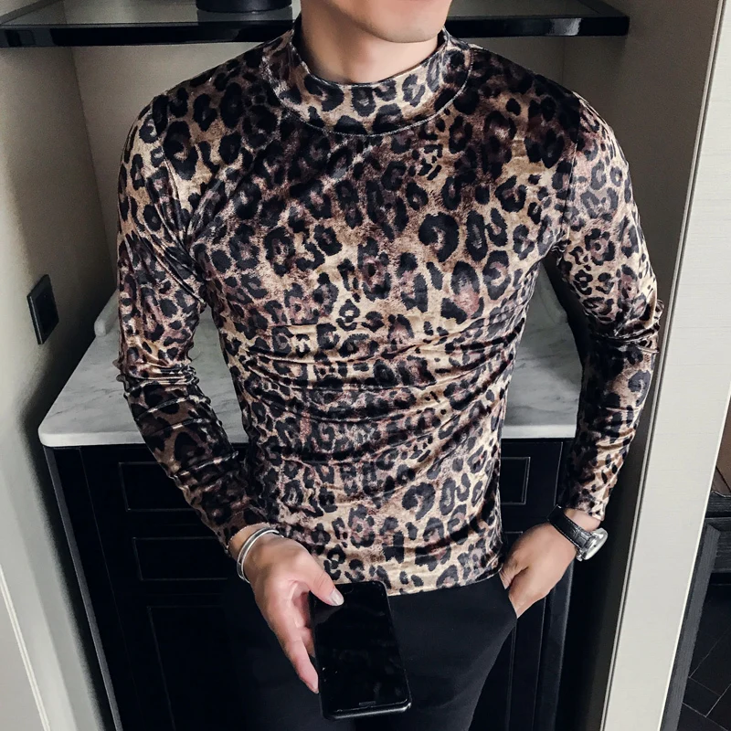 Леопардовая бархатная футболка мужская с длинным рукавом Повседневная Приталенная футболка винтажная полуводолазка Мужская Уличная Клубная футболка футболки одежда