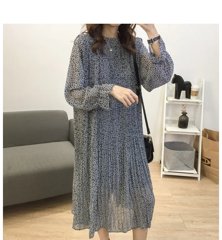 Loose-Fit Stand Collar Floral-Print Chiffon Long-sleeved Dress Autumn And Winter Women's Large Size Slimming Medium-length A- li