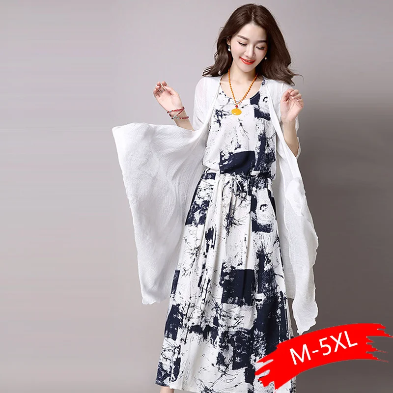 

2019 Spring Autumn Dress+cardigan Women Sets Cotton Maxi Long Dress And Cardigan Two Piece Set Printed Set Suit Plus Size M-5XL