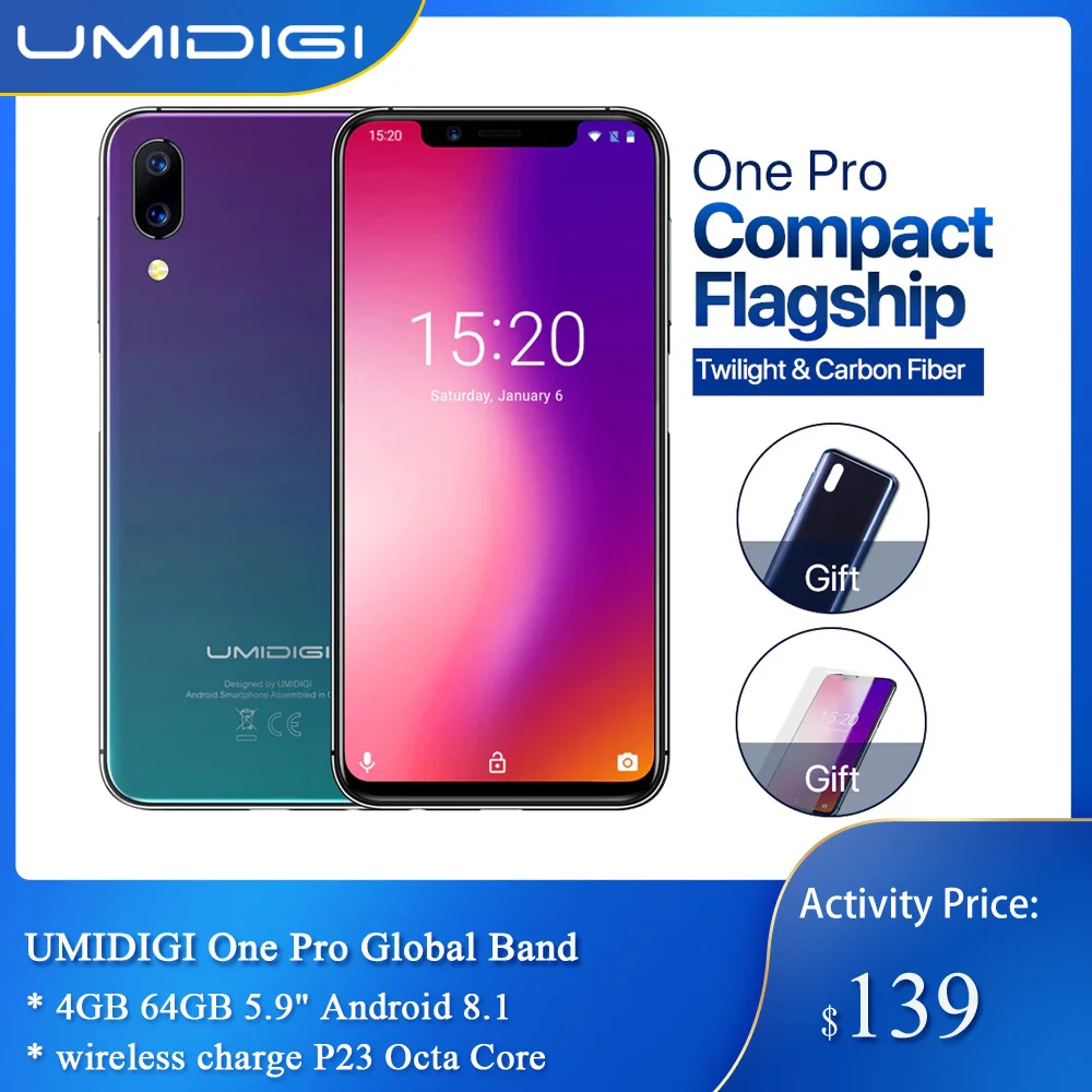 UMIDIGI One Pro, глобальная полоса, 4 ГБ, 64 ГБ, 5,9 дюйма, Android 8,1, мобильный телефон, Беспроводная зарядка P23, восьмиядерный смартфон NFC12MP+ 5 МП, двойной 4G