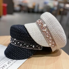 Women's Hat Flat Cap Military Cap Spring Autumn Pearl Rhinestone Bailey Cap Solid Color Flat Top Military Hats Young Student Hat