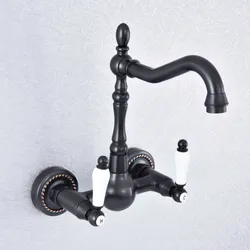 Kitchen Wet Bar Bathroom Vessel Sink Faucet Black Oil Rubbed Brass Wall Mounted Swivel Spout Mixer Tap Dual Ceramic Lever msf719