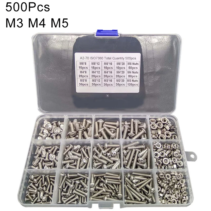 

500Pcs M2 M3 M4 M5 Hexagonal Screws Socket Head Socket Stainless Steel Bolt Nut Kit 304 Countersunk Screws Mounting Hardware