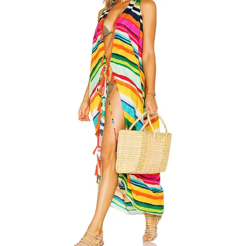 

Women Summer Vest Style Open Front Kimono Cardigan Rainbow Colored Stripes Beach Swimsuit Cover Up Tassels Trim Maxi Shawl Scarf