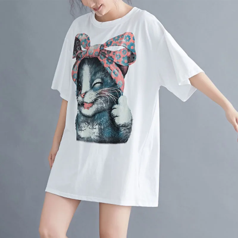 

Large Size Women Tshirts Loose Casual Korean Style Cat Print Clothes Oversize Summer Cotton Pullover White Tee Shirt Female 2020