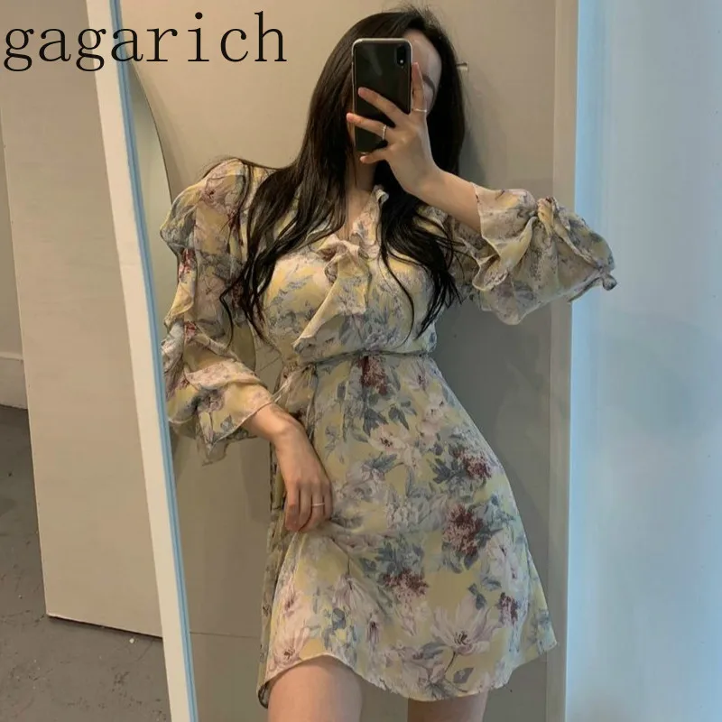 

Gagarich Women Elegant Chiffon Dress Korean Chic Retro Spring Floral Print Chiffon Long Sleeve Midi Femme Vestidos
