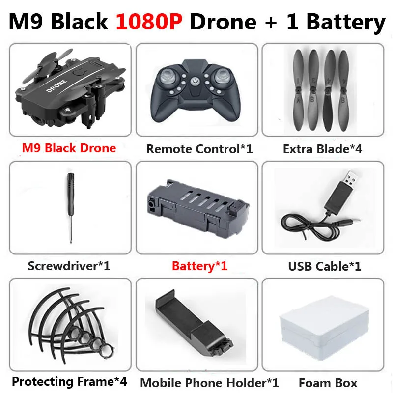 M9 мини складной Дрон с 4K HD камерой Wi-Fi FPV высота холдинг Следуйте за мной один ключ возврат RC вертолет Квадрокоптер детские игрушки - Цвет: Black 1080P 1B