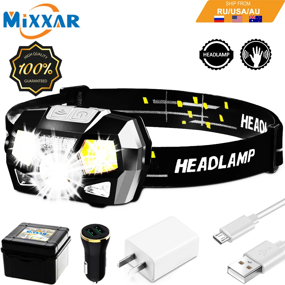 

EZK20 Dropshipping COB Enhanced LED Headlamp 12000LM Ultra Bright Rechargeable Headlight with Red Light Motion Sensor Waterproof