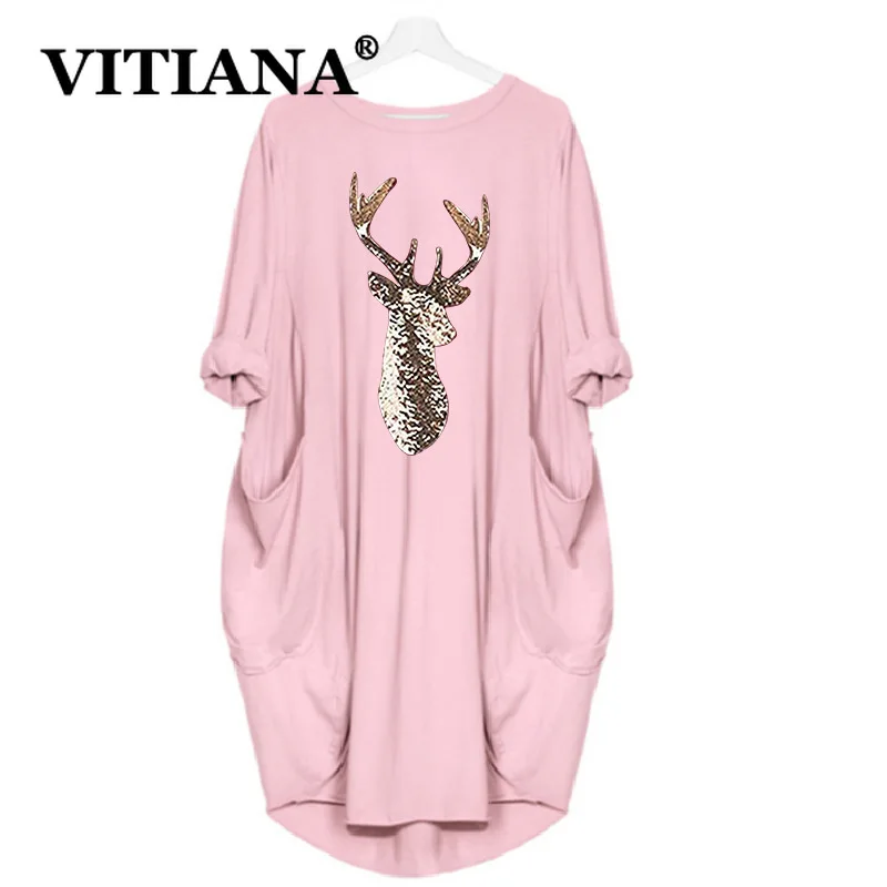 VITIANA, женское платье размера плюс 5XL, рождественское, с лосем, с блестками, Женский пуловер с длинным рукавом, розовая рубашка, платья, Femme, свободные, вечерние, Vestidos