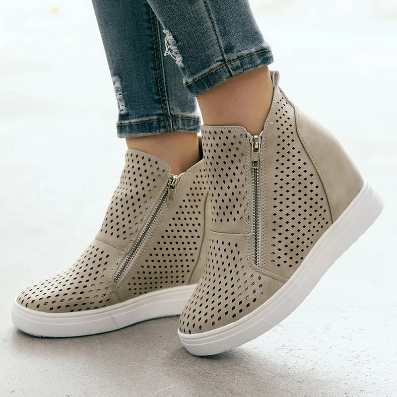 LOOZYKIT PU Leather Woman Casual Shoes Within The Higher Pure Fashion Side Zipper Sneakers Anti Skid Outsole Ladies Shoes - Цвет: A gray