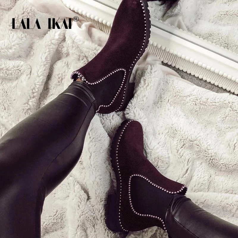 LALA IKAI Ankle Boots Women Winter Outdoor Leopard Flock Warm Shoes Female Mid Heels Casual Slip-On zapatos de mujer XWA9587-4