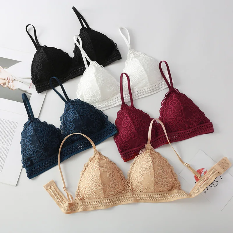 

French Triangle Cup Wireless Bra New Sexy Deep V Lace Underwear Women's Thin Bra