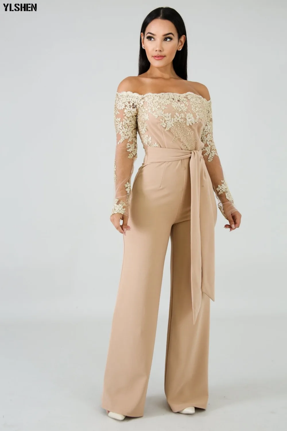 Women Jumpsuit Sexy Lace Ladies Jumpsuits Party Casual Wide Leg Overalls Off Shoulder Long Sleeve Romper Skinny Rompers Trousers 30