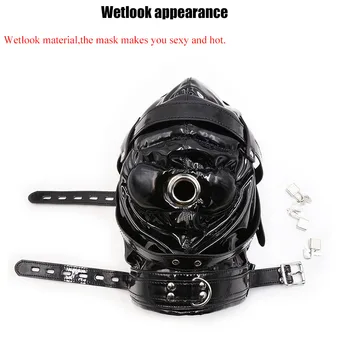 Wet Look Locking Bondage Bdsm Mask, Open Mouth Hood Blindfold Restraints Leather Harness ,Sex Toys For Couples Exotic 5