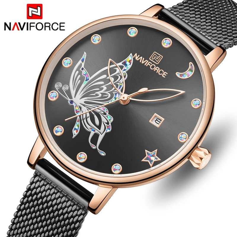 NAVIFORCE розовое золото часы для женщин Топ бренд Нержавеющая сталь сетка женские