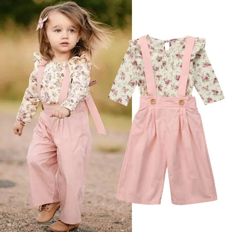 Autumn Kids Baby Girl Clothes Floral Long Sleeve Tops T-shirt Bib Strap Overalls Pants 2pcs Outfits Cotton Casual Clothing 1-5T | Детская