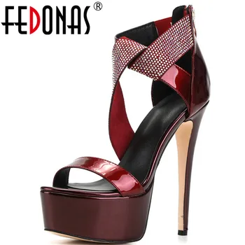 

FEDONAS Sexy Rhinestone Gneuine Leather Women Sandals Wedged Platforms High Heels Pumps 2020 New Summer Night Club Shoes Woman