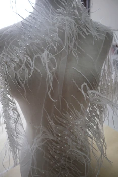 

7 yards off white 3D beaded lace fabric, ostrich feather sequined lace appliques embroidered bridal wedding fabrics