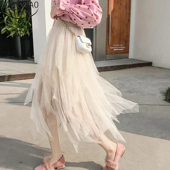 

Spring Long Midi Pleated Skirts 2020 New Women Fashion A-line Solid High Waist Irregular Casual Mesh Skirt Sweet Jupe Femme 9586