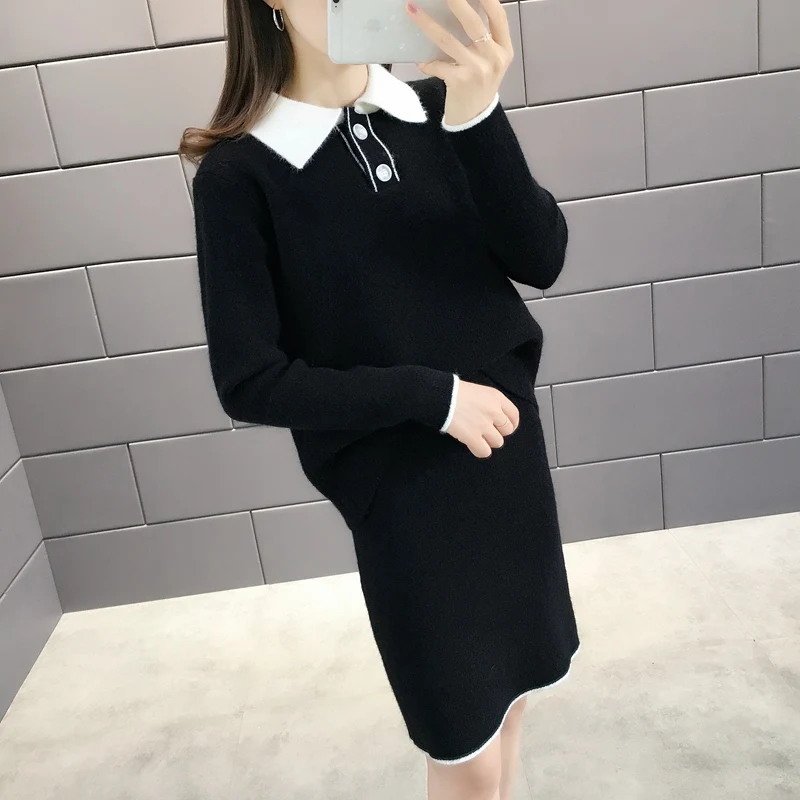 

Postpartum Women Nursing Skirts Suits Turn-Down Collar Lactation Sweater+Knitted Skirts Breastfeeding Twinset Formal Clothes Set