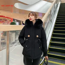 

Women Parkas Winter Coat Luxurious Large Fur Collar Hooded Thick Warm Padded Jacket Dovetail Jackets Fur Lining Parka White 2020
