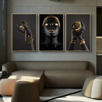 

African Woman holding Golden Jewelry Canvas Art Paintings on the Wall Art Posters and Prints Black Woman Art Pictures Home Decor