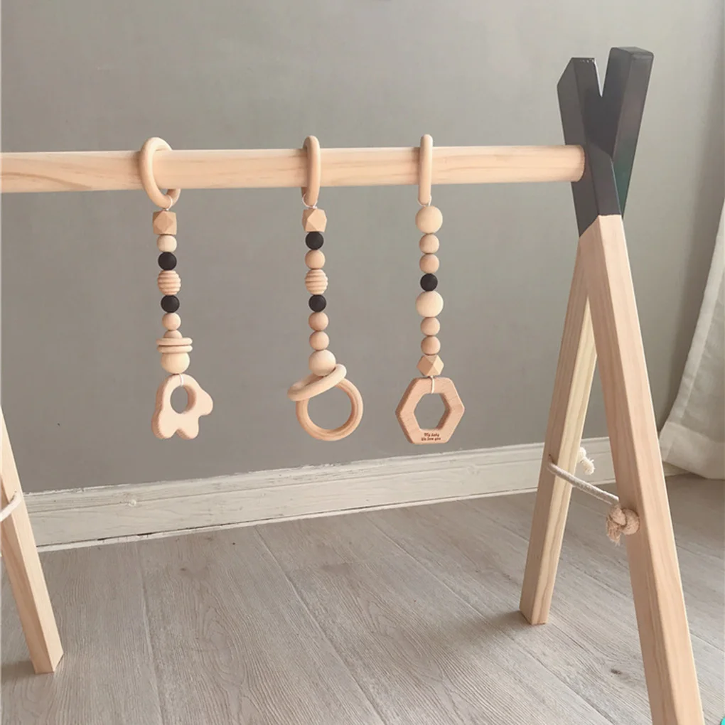 New 3PCS/Set Baby Play Gym Silicone Beads Wood Teether Toddler Hanger Rattle Wood Ring Teething Toys Newborn Baby Pram Toy