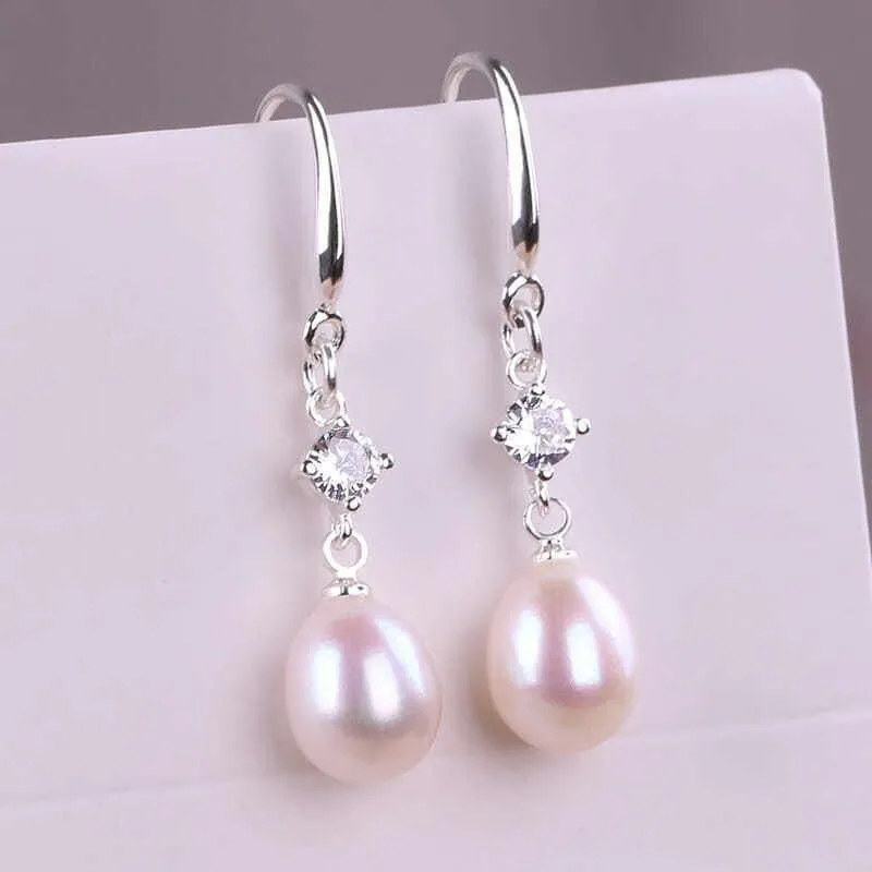 8/10/12mm cultured natural freshwater drop pearl earrings with sterling silver dangling,pearl jewelry for women