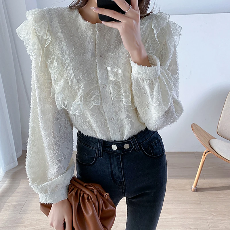 Vintage Dentelle Blouse Femmes 2020 Coreen Chic Longue Lanterne Manches Hauts Et Chemisiers Blusas Mujer Grande Taille Chemises Chemise Femme Kiosque Ma