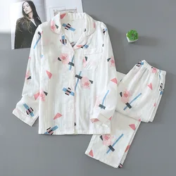 Japanese Spring and Autumn 100% Cotton Gauze Women's Pajamas Set, Thin Soft Home Wear, Long-sleeved Trousers Pajamas for Women