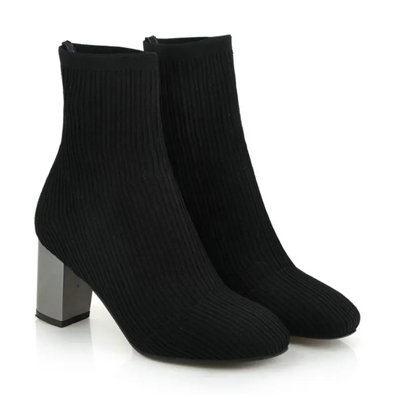 

B2-7 Size 32-43 Female Elegant Knitting Ankle Boots Ladies Winter Slip-on Boot Woman Thick Heels SHoes Women Career Dress Shoe