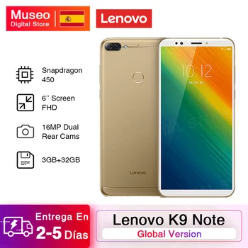 Перейти на Алиэкспресс и купить Глобальная версия смартфона Lenovo K9 Note, 3G, 32G, 6,0 дюйма, Восьмиядерный процессор Snapdragon 450, Android 8,1, камера 16 МП, 3760 мАч