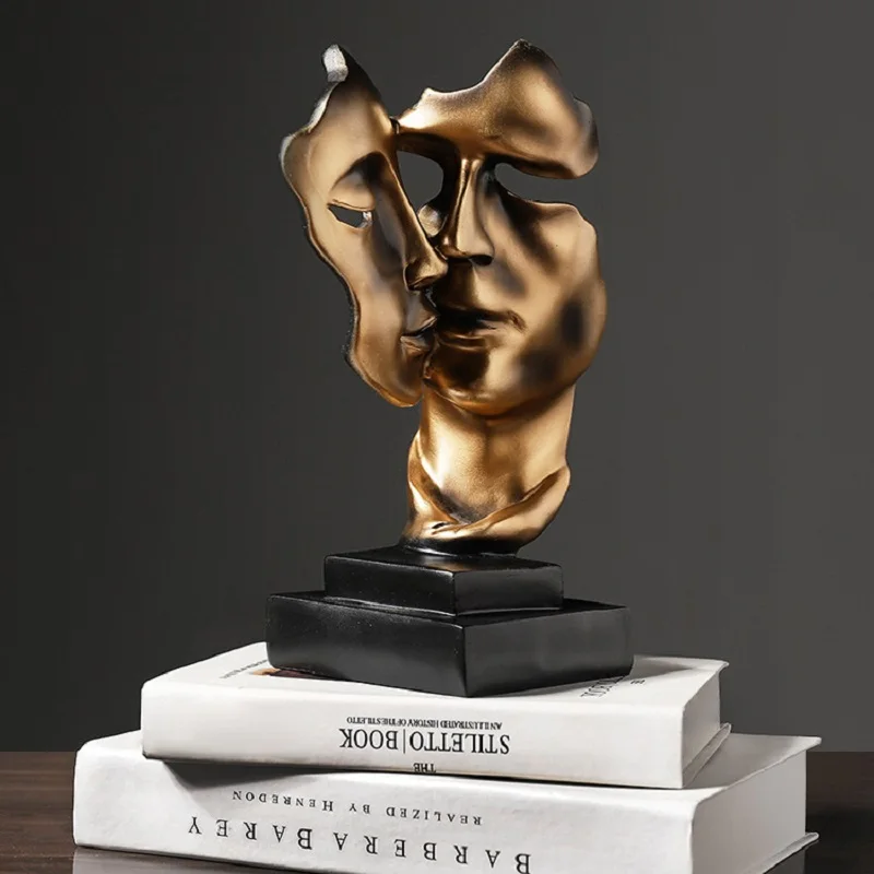 

27cm Kissing Couple Human Face Sculpture Resin Mask Statue Tabletop Ornament for Home Decor, Wedding Gifts