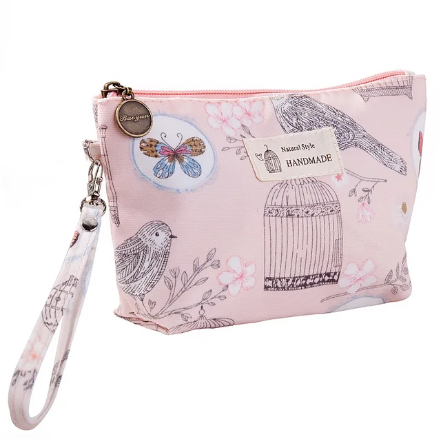 FUDEAM Polyester Rose Flower Bird Pattern Women Cosmetic Bag Toiletries Storage Organize Waterproof MakeUp Bag Portable Wash Bag Pink birds