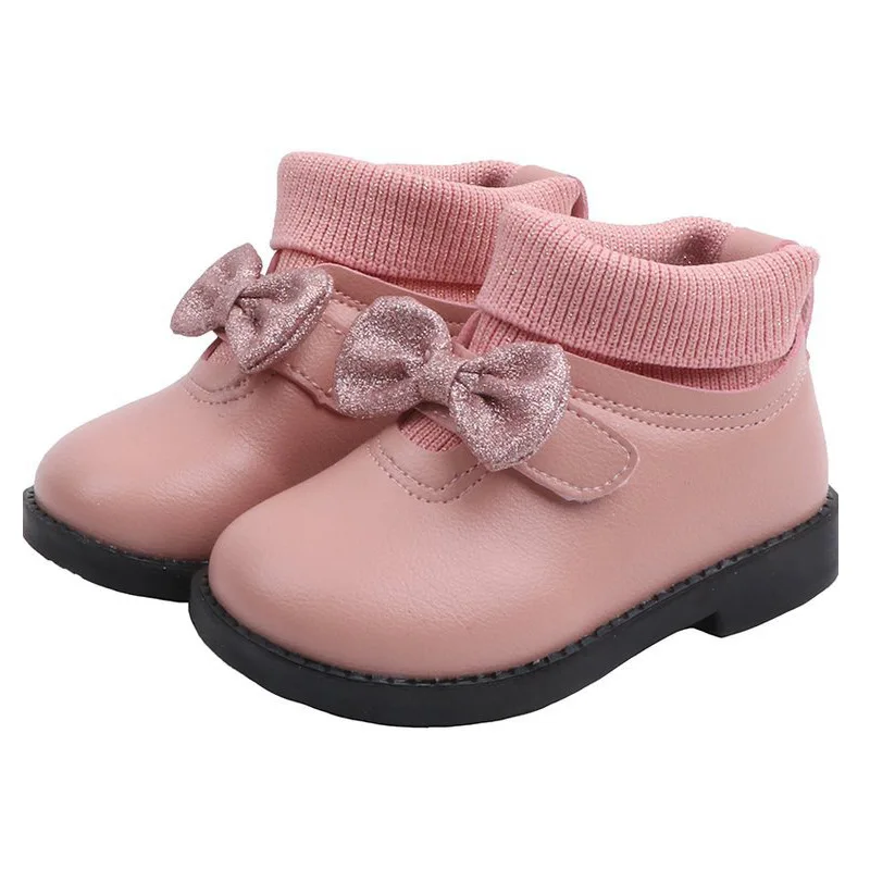 

NEW Autumn Winter Bow Kids shoes Leather Boots Children Leather Girls Non-slip fashion Outdoor Snow Boots 21-30 Sport Shoes