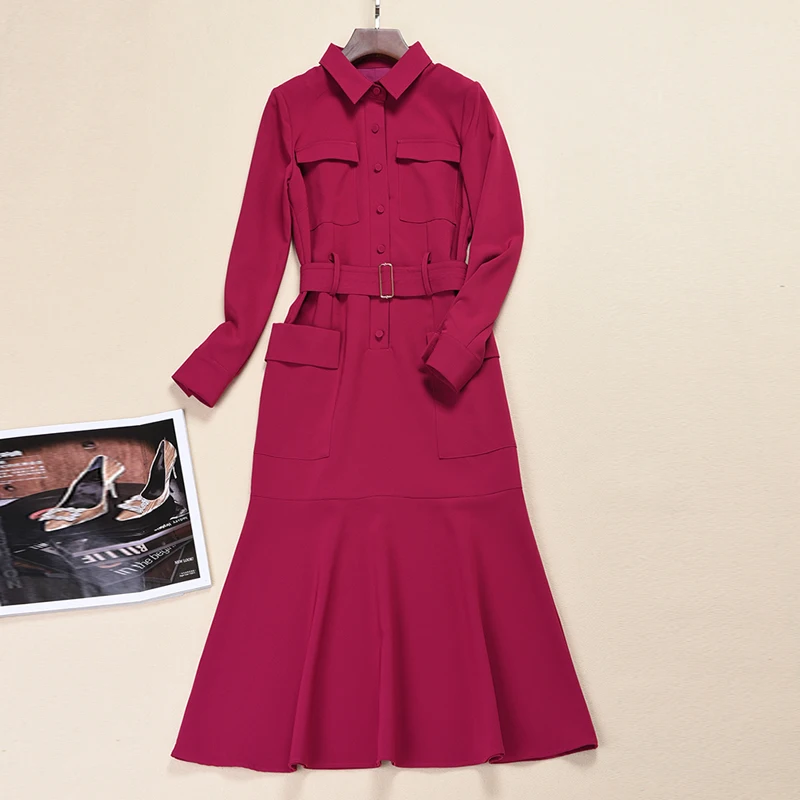 Najtaniej Designerska bluzka wysokiej jakości jesień nowe damskie miejsce pracy Sexy Vintage elegancka elegancka moda Party z długim rękawem Lapel Midi Dress