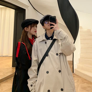 

2020 New Korean Casual Loose Spring Style Solid Color College Wind Over The Knee Long Windbreaker Jacket Trend Couple