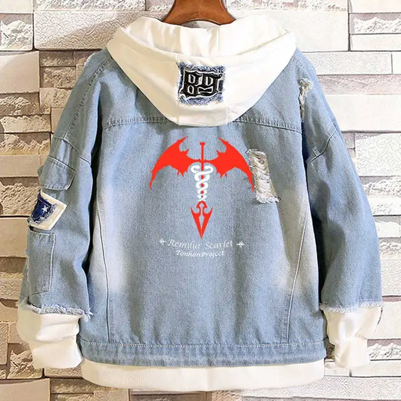 Anime TouHou Project REMILIA SCARLET Casual Gelaagde Denim Jassen Verzwakte Geribbelde Lange Mouwen Hooded Jean Jacket Losse Cowboy Jas Anime TouHou Project REMILIA SCARLET Casual Gelaagde Denim Jassen Verzwakte Geribbelde Lange Mouwen Hooded Jean Jacket Losse Cowboy Jas
